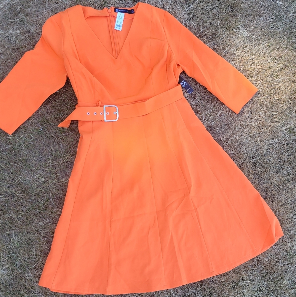 New York & Company Orange 3/4 Sleeve Belted A-Line classic style Dress